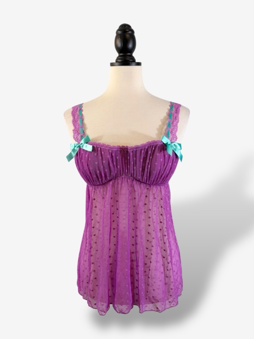 Victoria’s Secret Sexy Little Things Purple Chemise 36B Sheer Heart Bow Tank Top